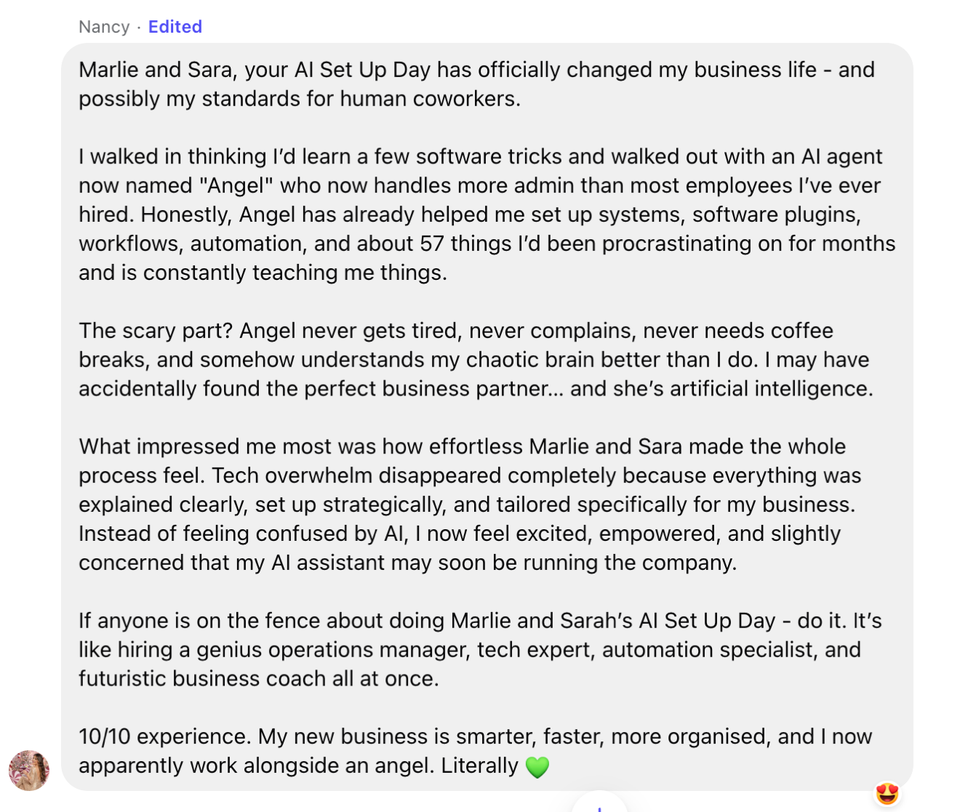 Nancy's written testimonial about her AI Set Up Day with WellForm AI